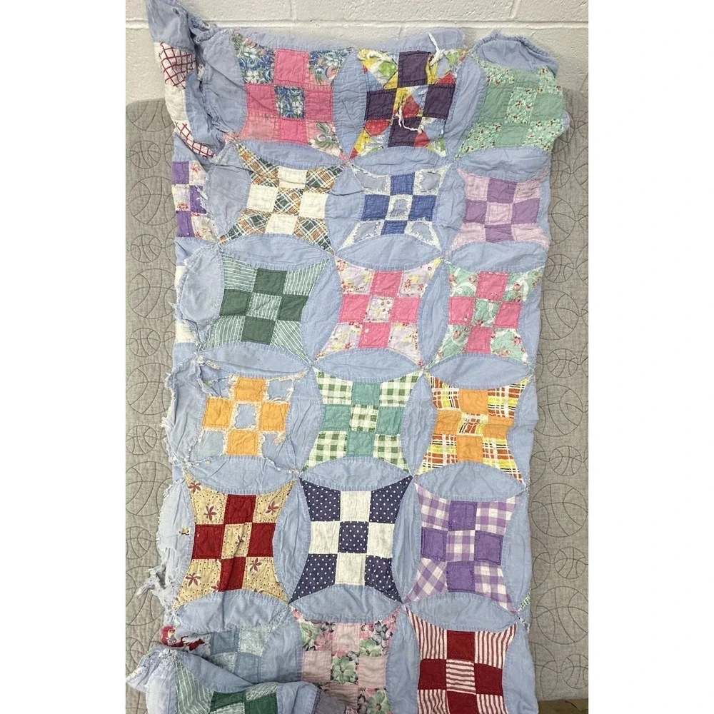 Antique Cutter Quilt Blue Drunkards‎ Path Patchwork Primitive Fabric Handmade